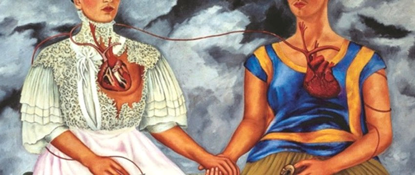 Detail of Frida Kahlo painting depicting the "two Fridas", which is herself in two different versions of herself